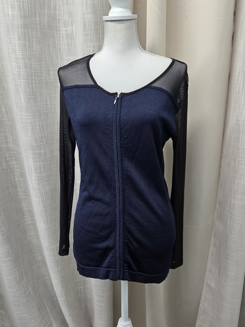 Cache Navy Top Black Mesh Sleeves M Whimsigoth Cyber-Grunge  Corporate Goth